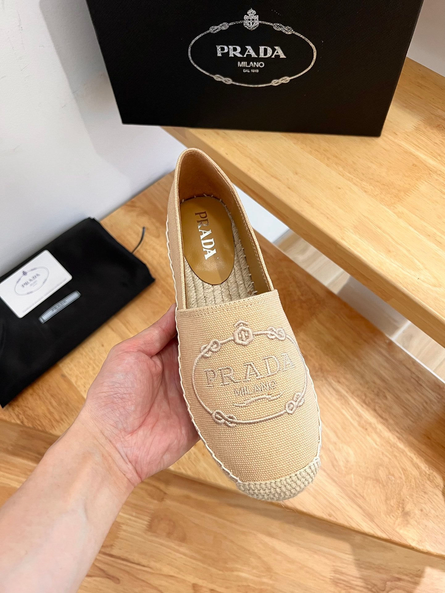 PRADA 26S EMBROIDERED LOGO ESPADRILLE FLATS IN BEIGE CANVAS