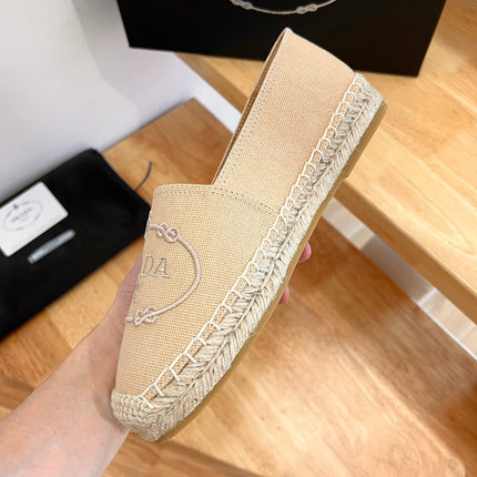 PRADA 26S EMBROIDERED LOGO ESPADRILLE FLATS IN BEIGE CANVAS
