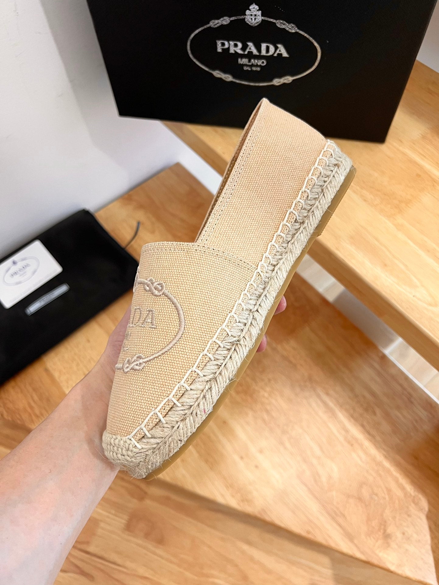PRADA 26S EMBROIDERED LOGO ESPADRILLE FLATS IN BEIGE CANVAS