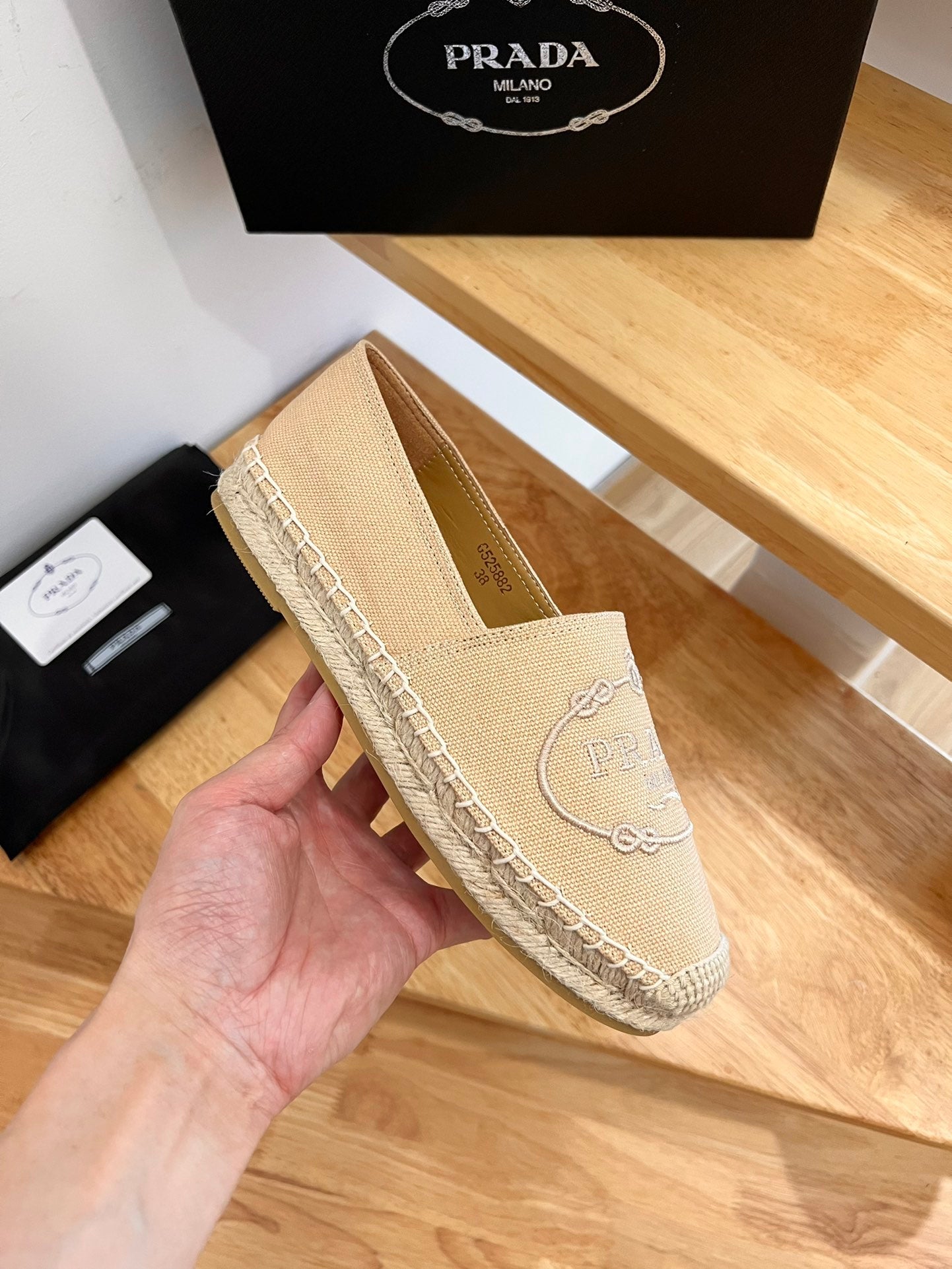 PRADA 26S EMBROIDERED LOGO ESPADRILLE FLATS IN BEIGE CANVAS