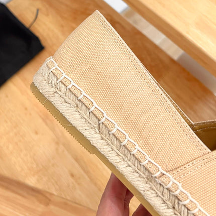 PRADA 26S EMBROIDERED LOGO ESPADRILLE FLATS IN BEIGE CANVAS
