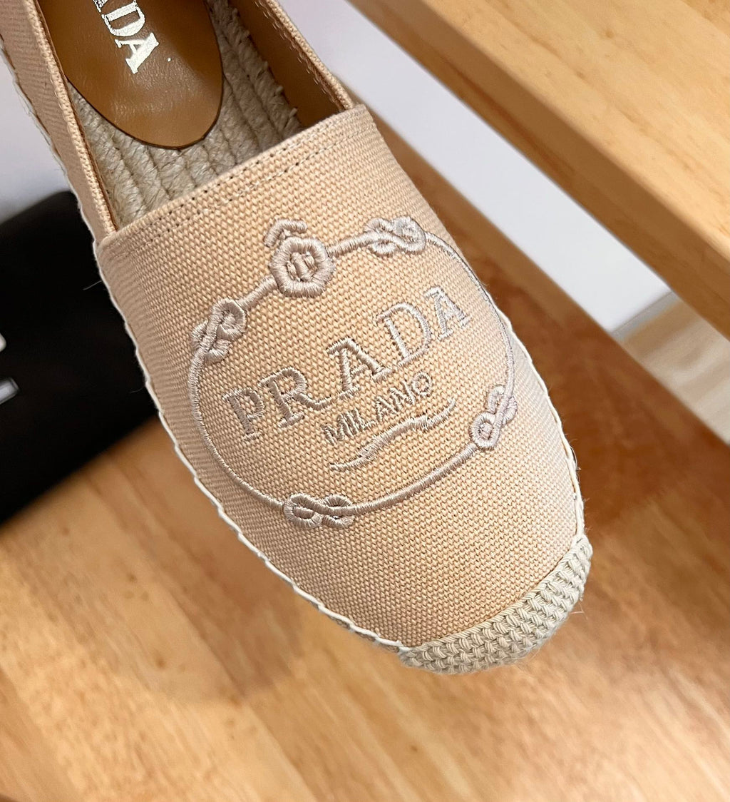 PRADA 26S EMBROIDERED LOGO ESPADRILLE FLATS IN BEIGE CANVAS