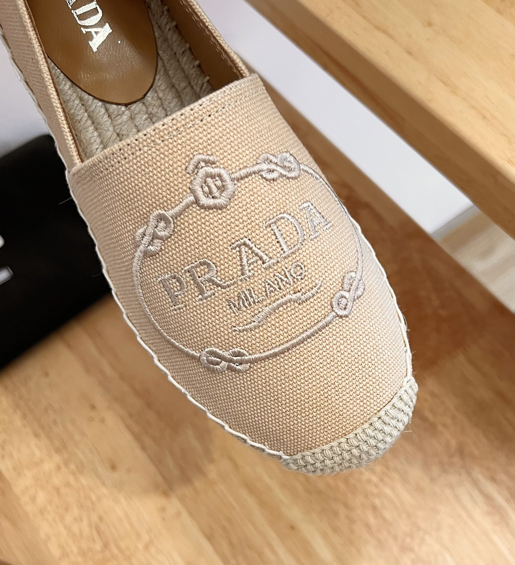 PRADA 26S EMBROIDERED LOGO ESPADRILLE FLATS IN BEIGE CANVAS