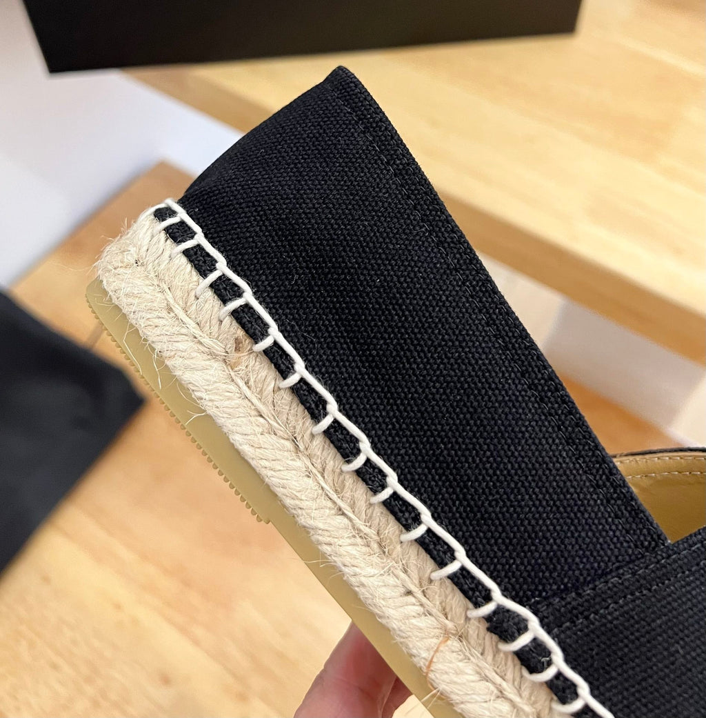 PRADA 26S EMBROIDERED LOGO ESPADRILLE FLATS IN BLACK CANVAS