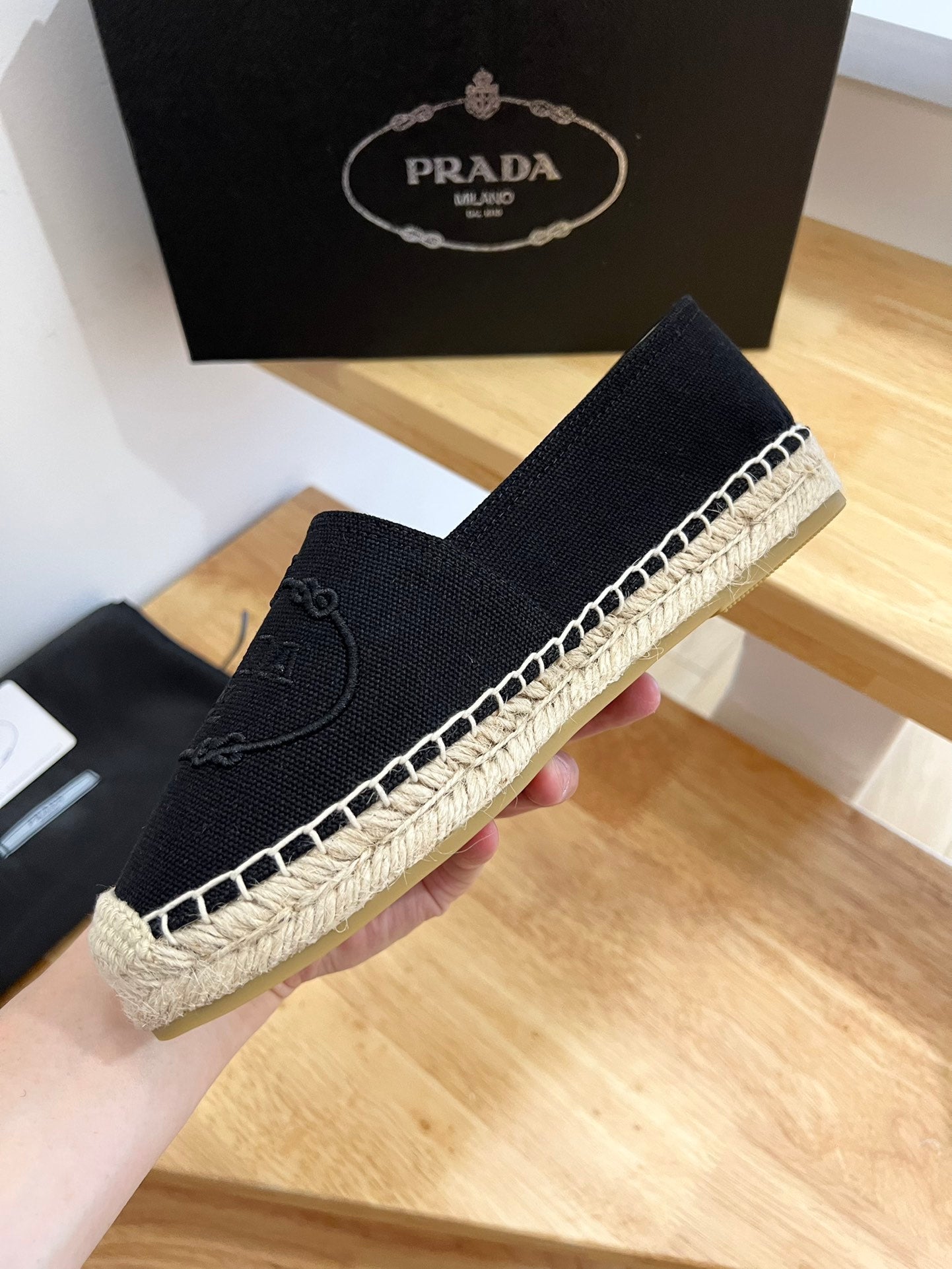 PRADA 26S EMBROIDERED LOGO ESPADRILLE FLATS IN BLACK CANVAS