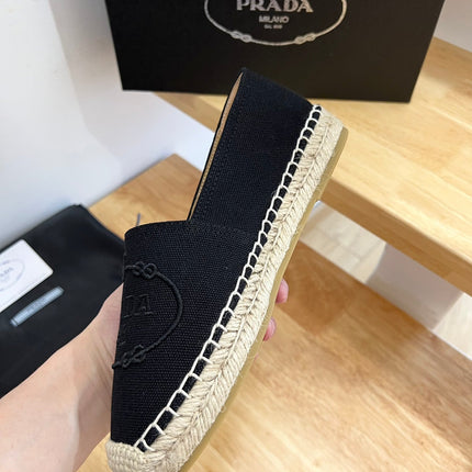 PRADA 26S EMBROIDERED LOGO ESPADRILLE FLATS IN BLACK CANVAS