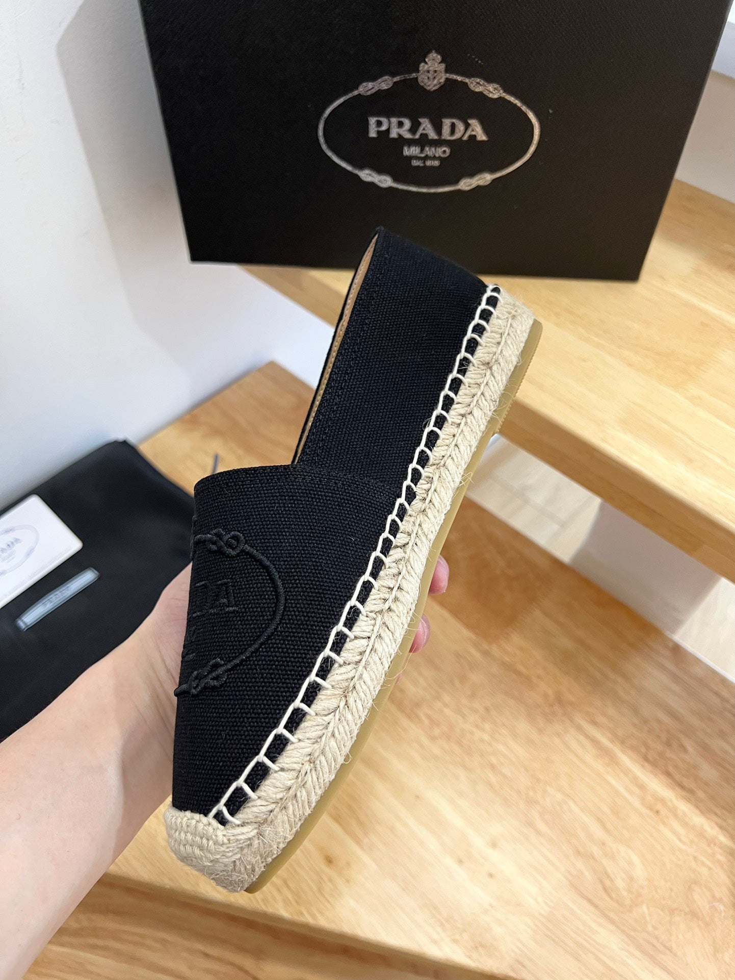 PRADA 26S EMBROIDERED LOGO ESPADRILLE FLATS IN BLACK CANVAS