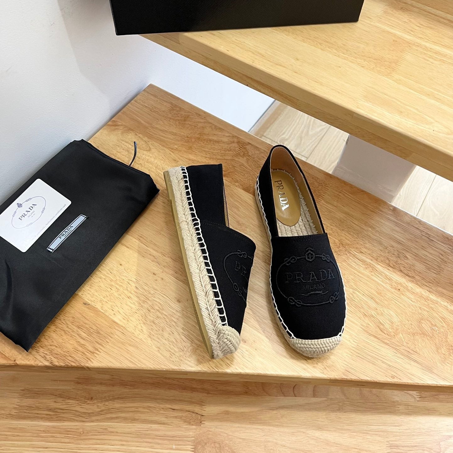 PRADA 26S EMBROIDERED LOGO ESPADRILLE FLATS IN BLACK CANVAS