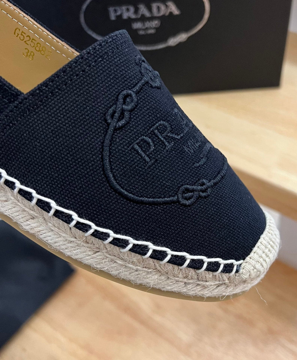 PRADA 26S EMBROIDERED LOGO ESPADRILLE FLATS IN BLACK CANVAS