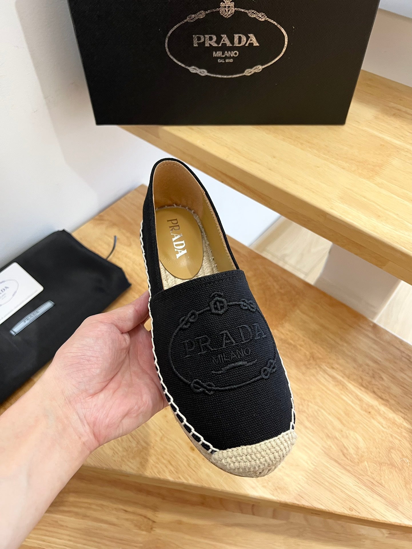 PRADA 26S EMBROIDERED LOGO ESPADRILLE FLATS IN BLACK CANVAS