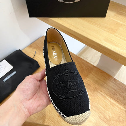 PRADA 26S EMBROIDERED LOGO ESPADRILLE FLATS IN BLACK CANVAS