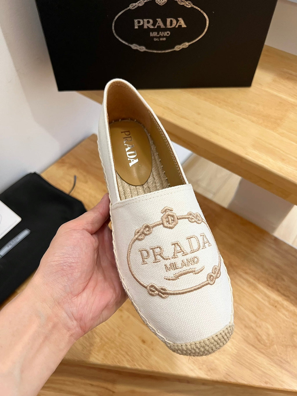 PRADA 26S EMBROIDERED LOGO ESPADRILLE FLATS IN IVORY WHITE CANVAS