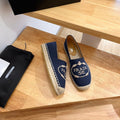 PRADA 26S EMBROIDERED LOGO ESPADRILLE FLATS IN NAVY BLUE CANVAS