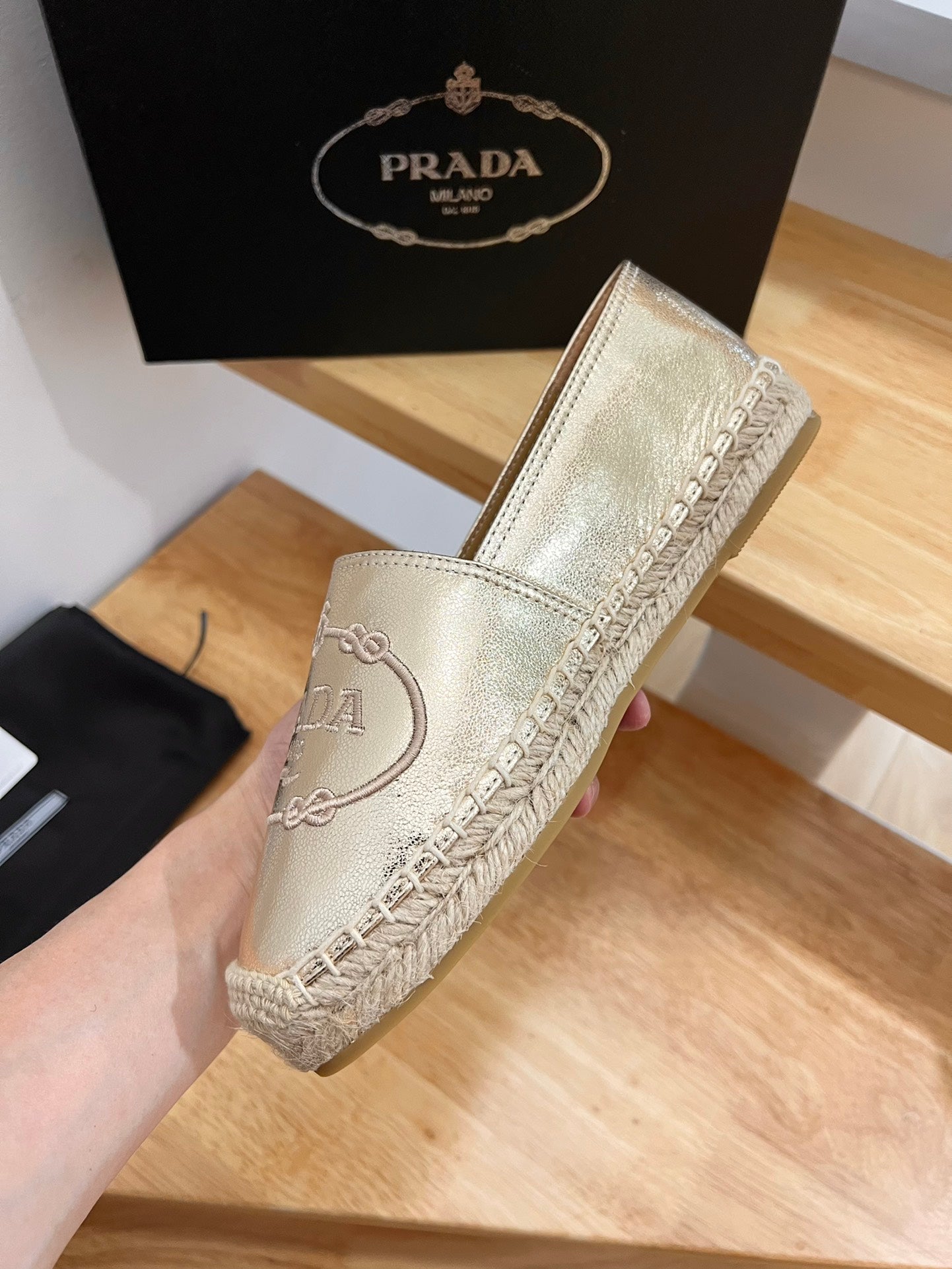 PRADA 26S EMBROIDERED LOGO ESPADRILLE FLATS IN GOLD CALFSKIN