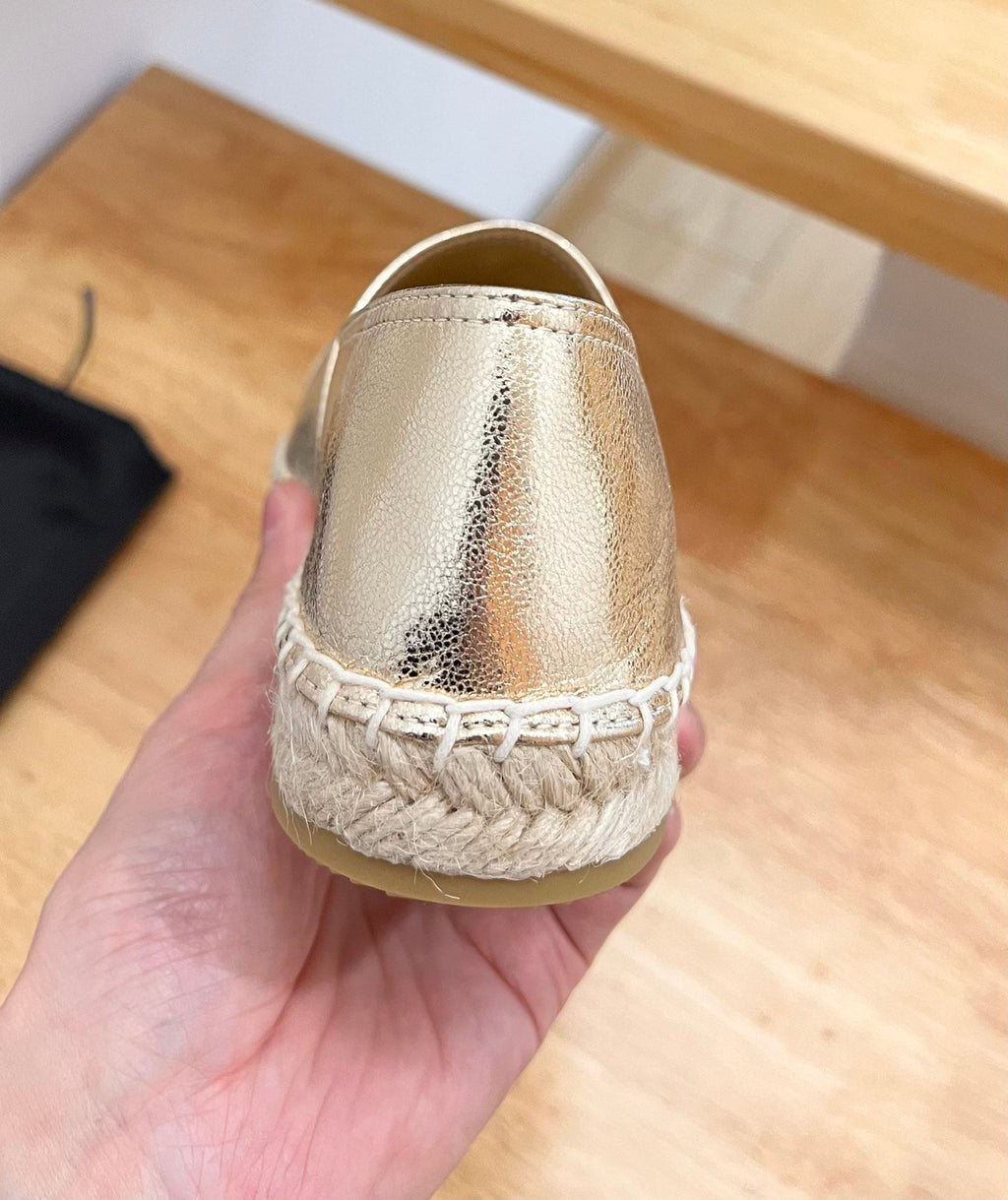 PRADA 26S EMBROIDERED LOGO ESPADRILLE FLATS IN GOLD CALFSKIN