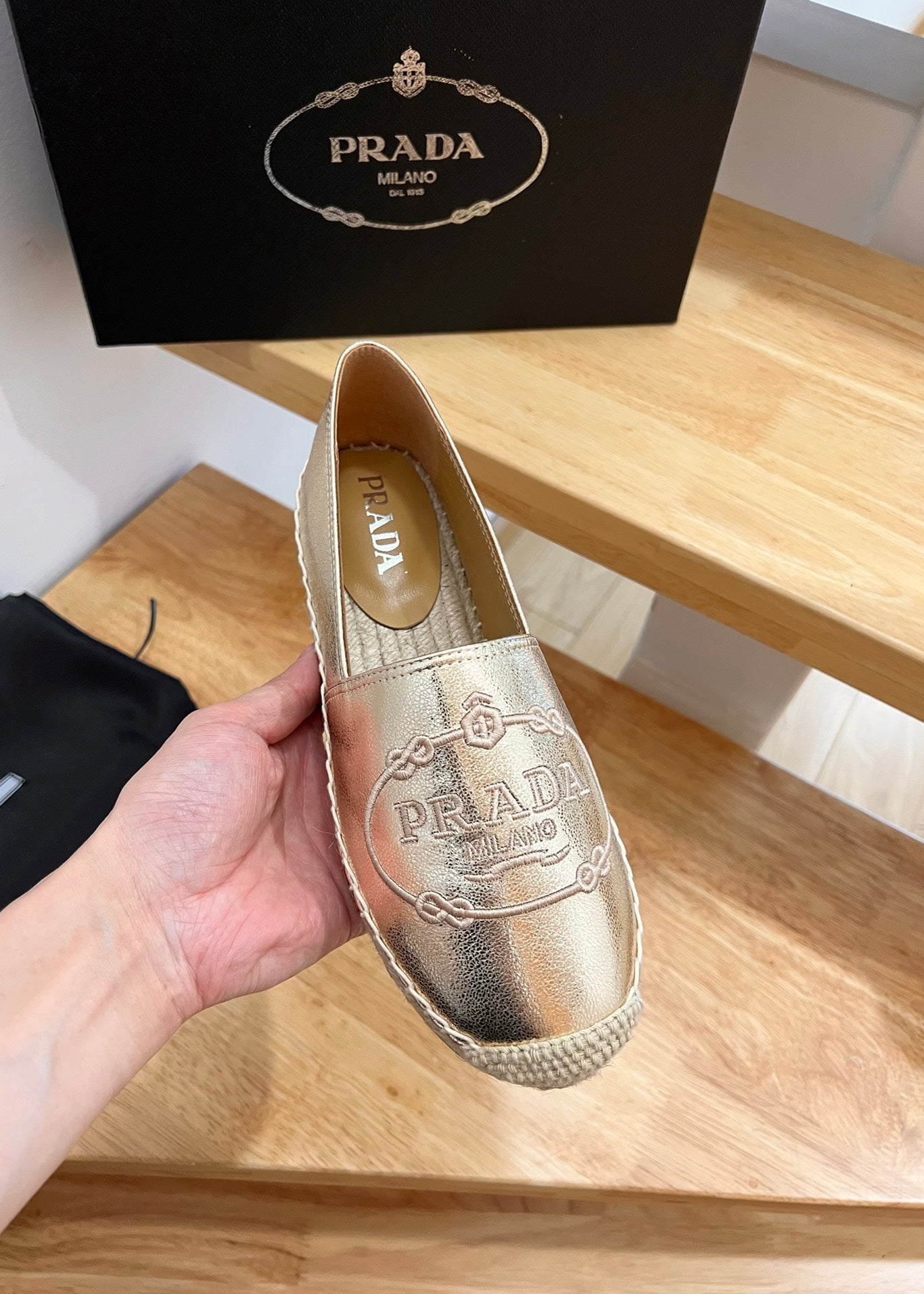 PRADA 26S EMBROIDERED LOGO ESPADRILLE FLATS IN GOLD CALFSKIN