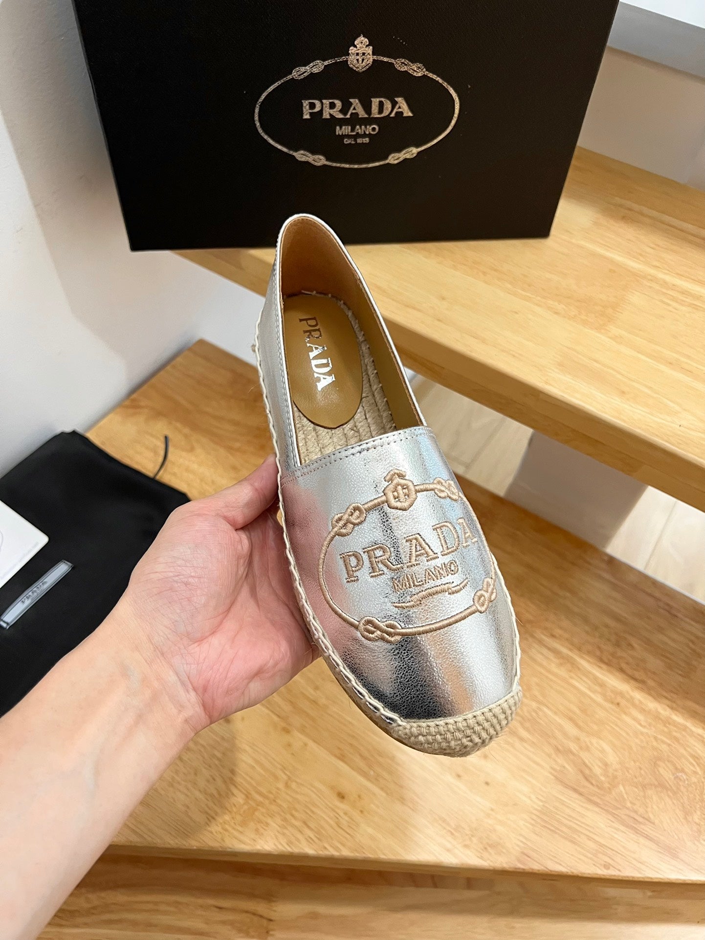 PRADA 26S EMBROIDERED LOGO ESPADRILLE FLATS IN SILVER CALFSKIN