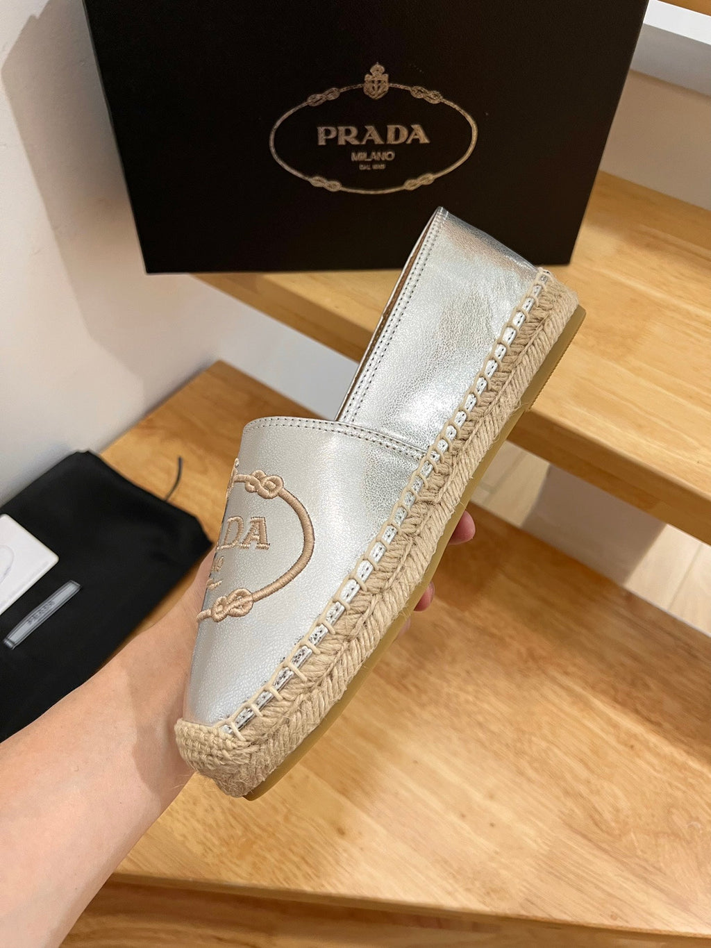 PRADA 26S EMBROIDERED LOGO ESPADRILLE FLATS IN SILVER CALFSKIN
