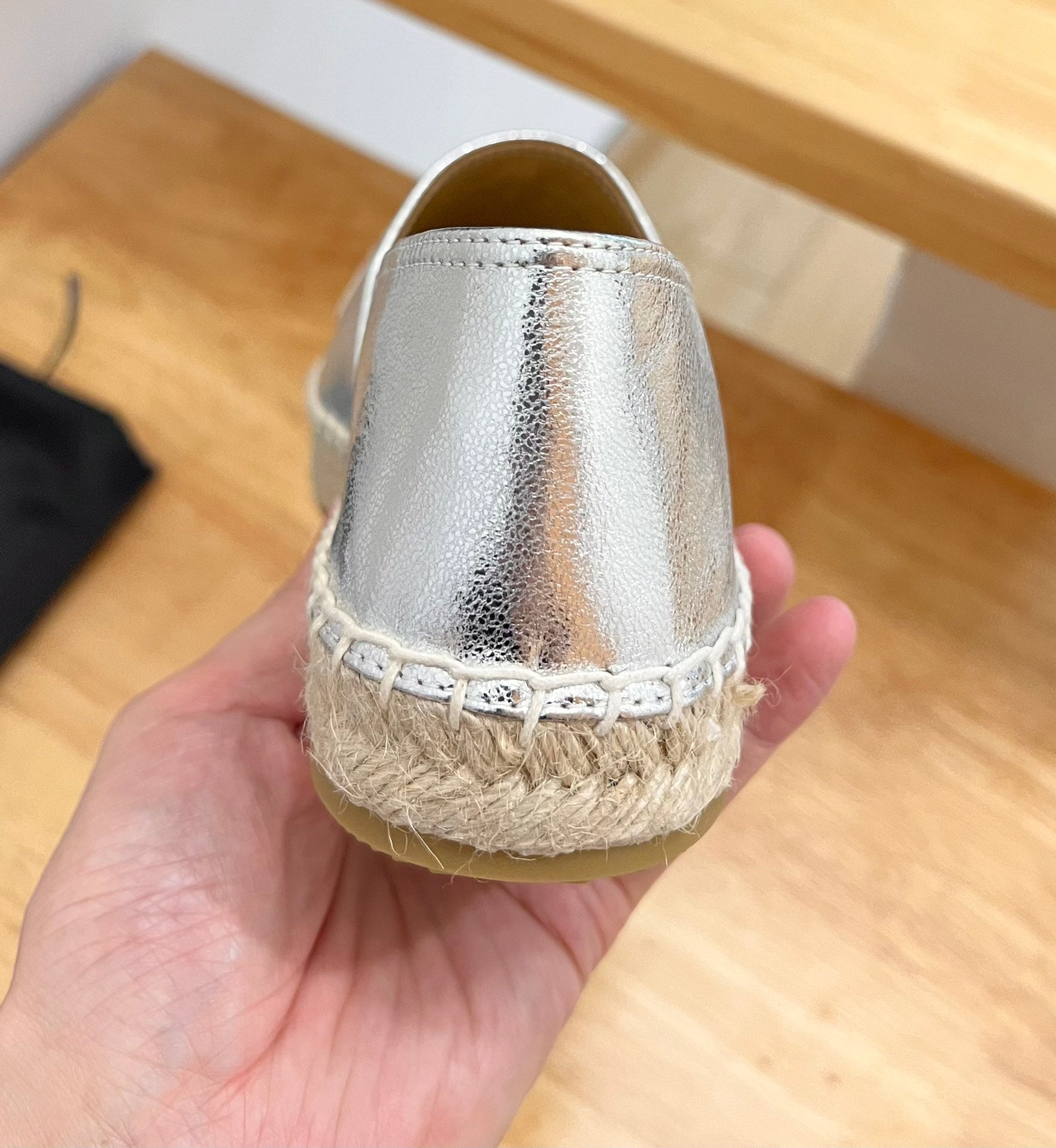 PRADA 26S EMBROIDERED LOGO ESPADRILLE FLATS IN SILVER CALFSKIN