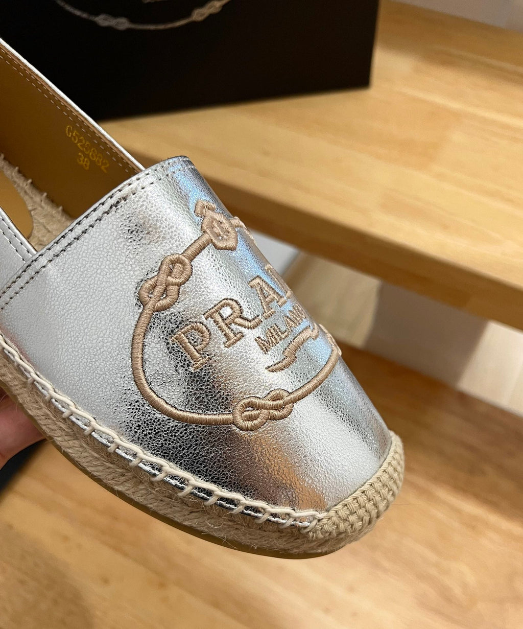 PRADA 26S EMBROIDERED LOGO ESPADRILLE FLATS IN SILVER CALFSKIN
