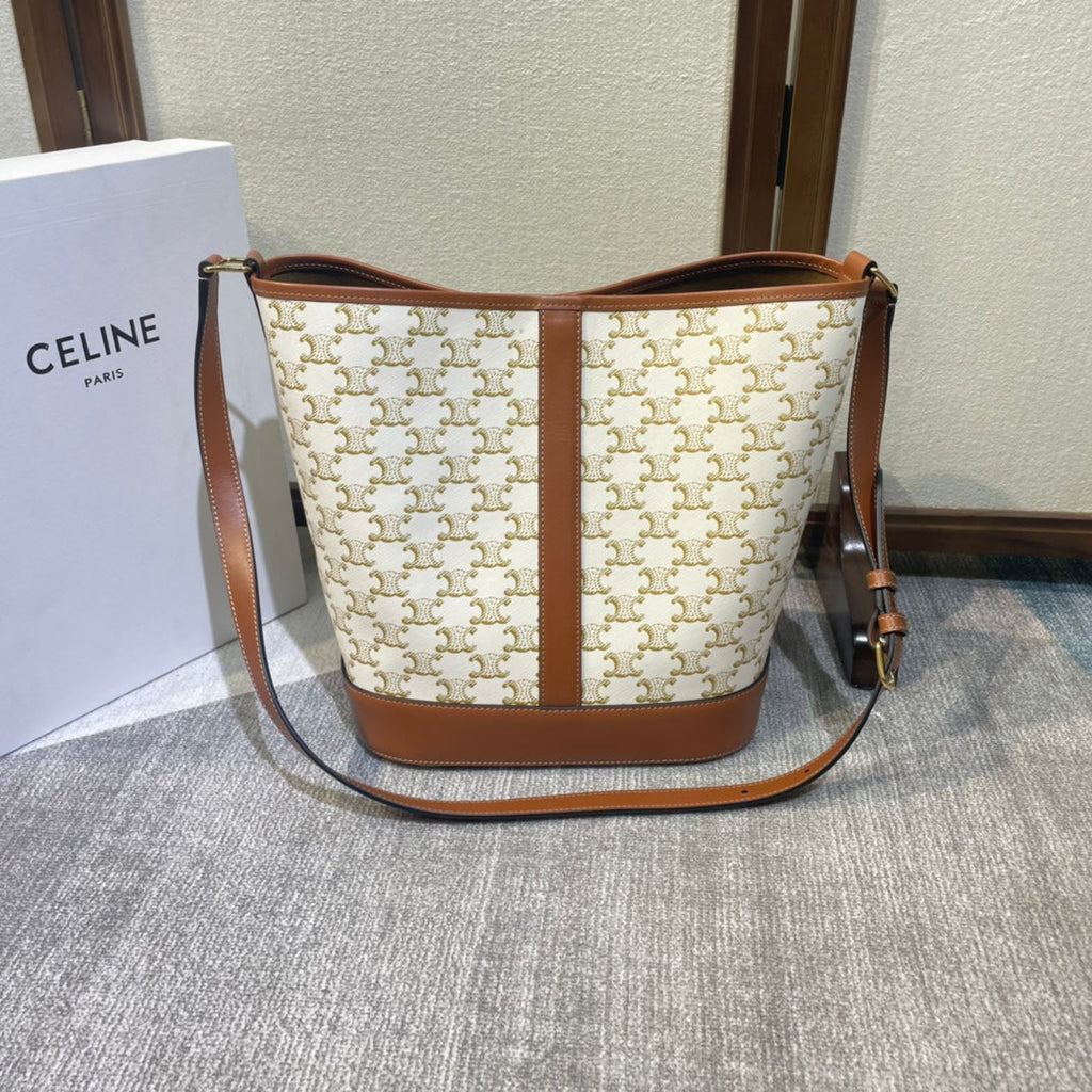 CELINE 26S BUCKET 33 IN CREAM WHITE CALFSKIN WITH PRINTED PATTERN