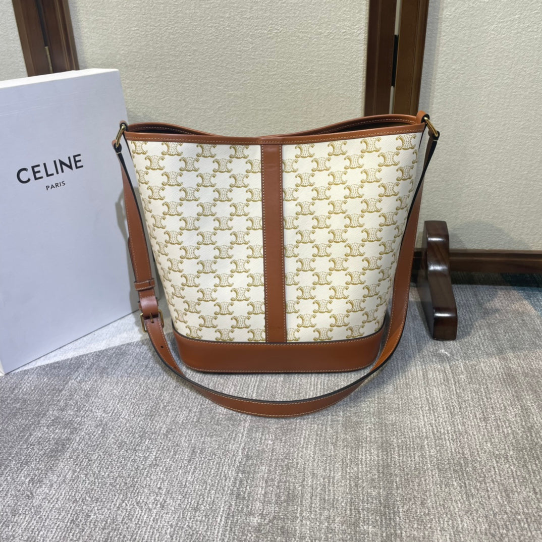CELINE 26S BUCKET 33 IN CREAM WHITE CALFSKIN WITH PRINTED PATTERN
