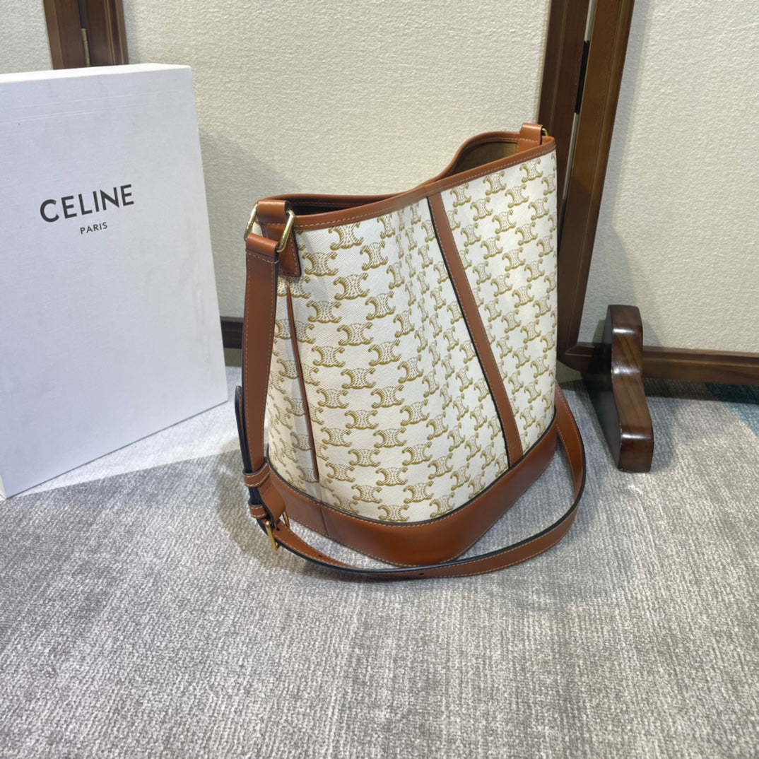 CELINE 26S BUCKET 33 IN CREAM WHITE CALFSKIN WITH PRINTED PATTERN