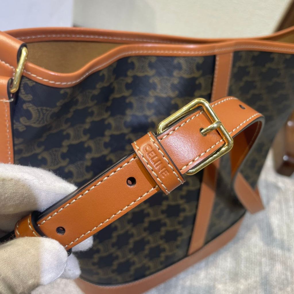 CELINE 26S BUCKET 33 IN DARK BROWN CALFSKIN WITH PRINTED PATTERN