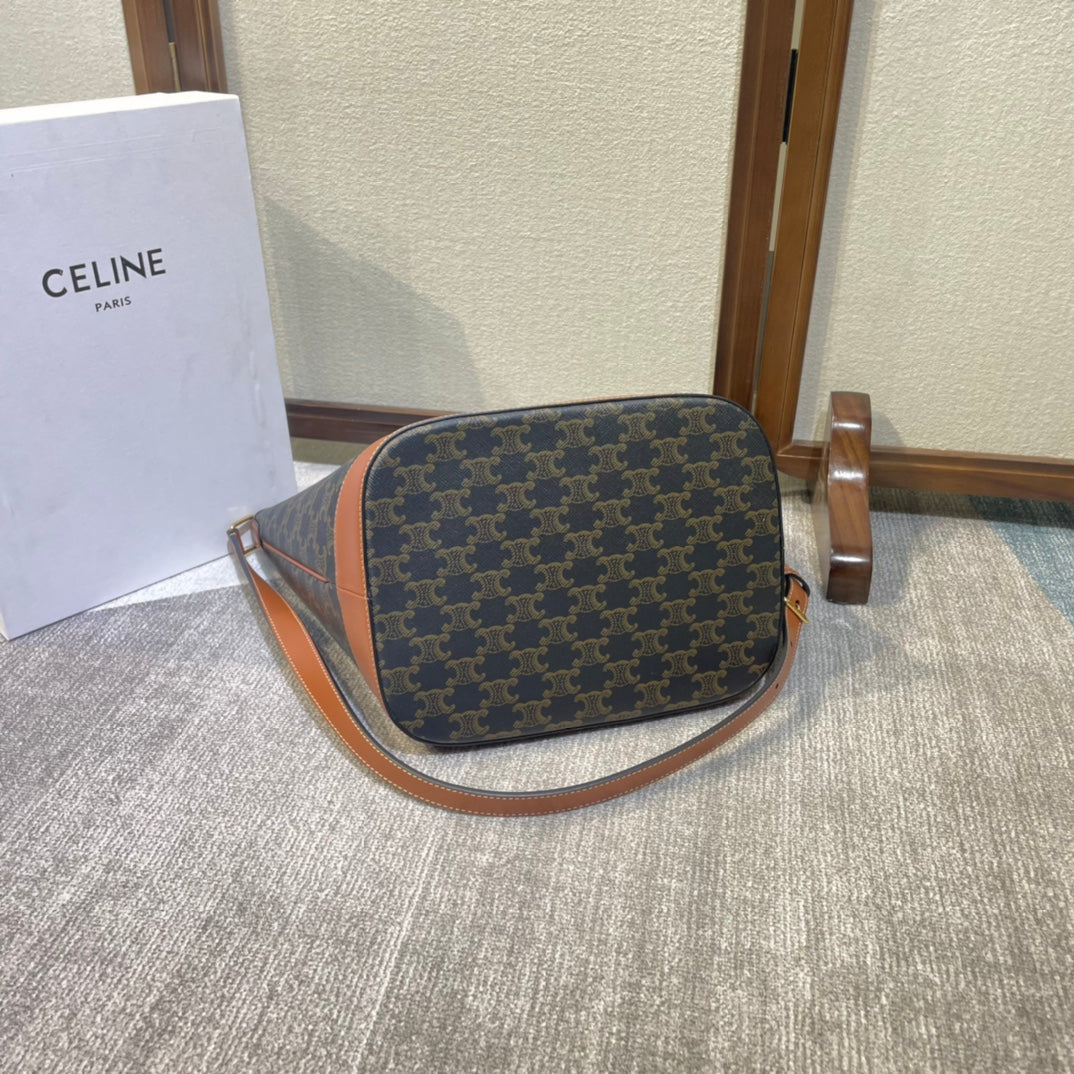 CELINE 26S BUCKET 33 IN DARK BROWN CALFSKIN WITH PRINTED PATTERN