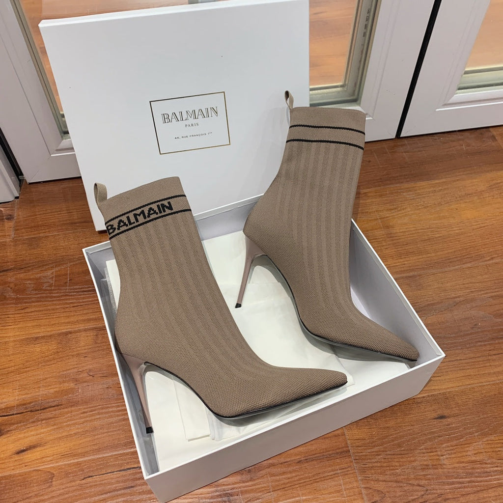 BALMAIN 26S BOOTS 105 MM IN TAUPE BROWN FLYKNIT STYLE 17