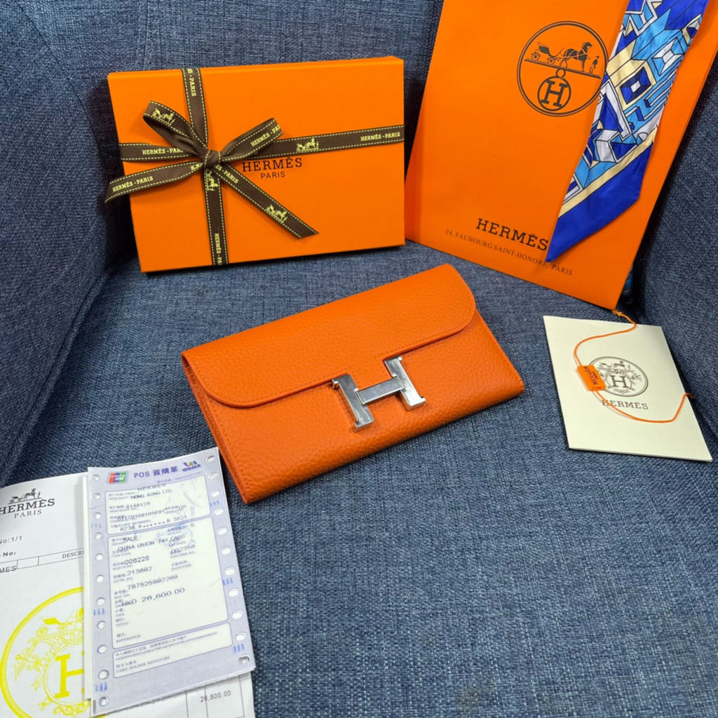 HM CLUTCH CONSTANCE 22 ORANGE CALFSKIN SILVER HARDWARE