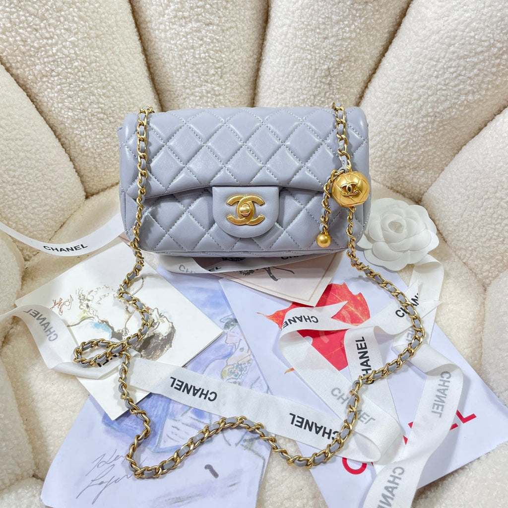 CHANEL 26S FLAP BAG 20 IN PASTEL BLUE-GRAY LAMBSKIN