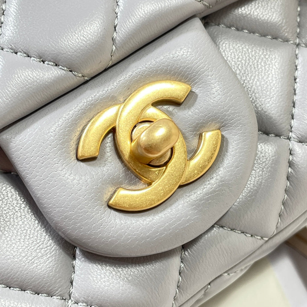CHANEL 26S FLAP BAG 20 IN PASTEL BLUE-GRAY LAMBSKIN
