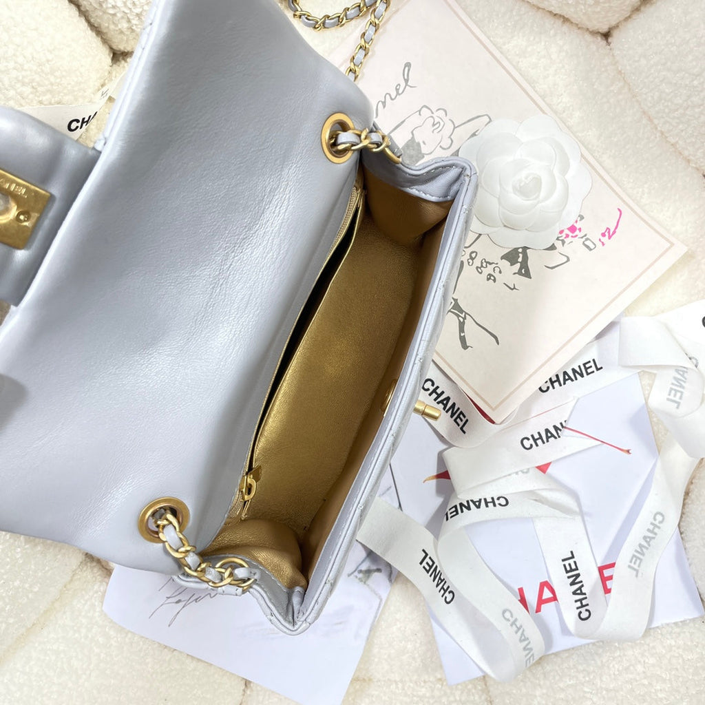 CHANEL 26S FLAP BAG 20 IN PASTEL BLUE-GRAY LAMBSKIN