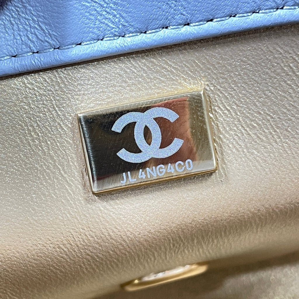 CHANEL 26S FLAP BAG 20 IN PASTEL BLUE-GRAY LAMBSKIN