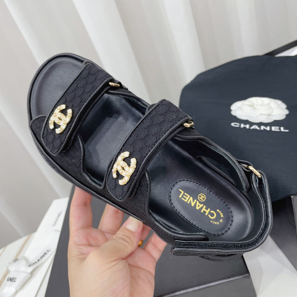 CHANEL 26S SANDALS IN BLACK FABRIC WITH PEARL-EMBELLISHED LOGO