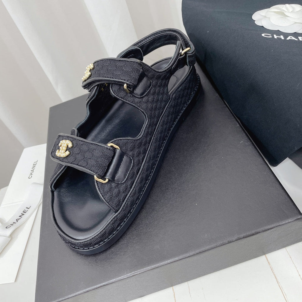 CHANEL 26S SANDALS IN BLACK FABRIC WITH PEARL-EMBELLISHED LOGO