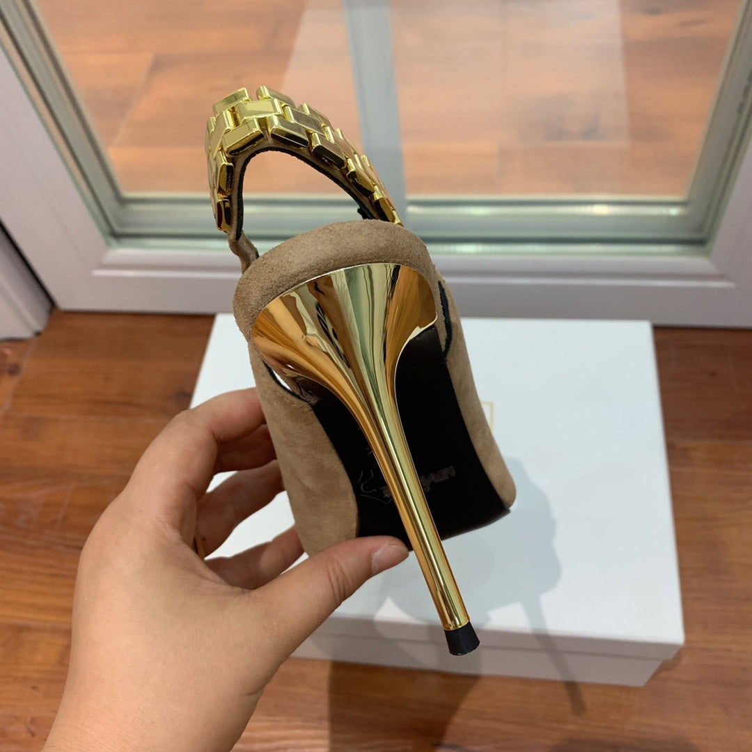 BALMAIN 26S SLINGBACK 95 MM IN LIGHT BROWN SUEDE WITH GOLD HARDWARE