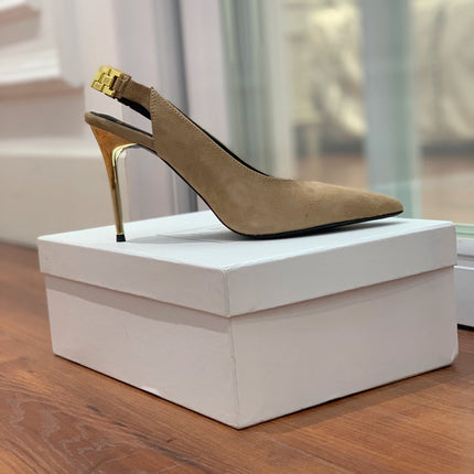 BALMAIN 26S SLINGBACK 95 MM IN LIGHT BROWN SUEDE WITH GOLD HARDWARE