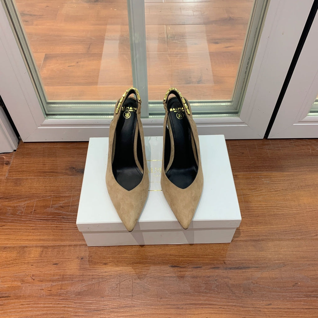 BALMAIN 26S SLINGBACK 95 MM IN LIGHT BROWN SUEDE WITH GOLD HARDWARE