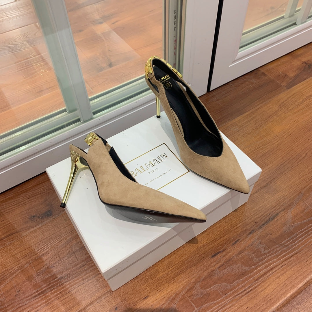 BALMAIN 26S SLINGBACK 95 MM IN LIGHT BROWN SUEDE WITH GOLD HARDWARE