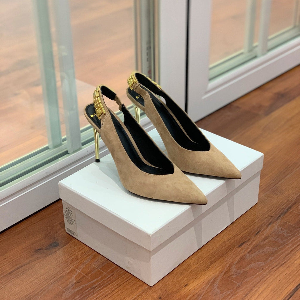 BALMAIN 26S SLINGBACK 95 MM IN LIGHT BROWN SUEDE WITH GOLD HARDWARE