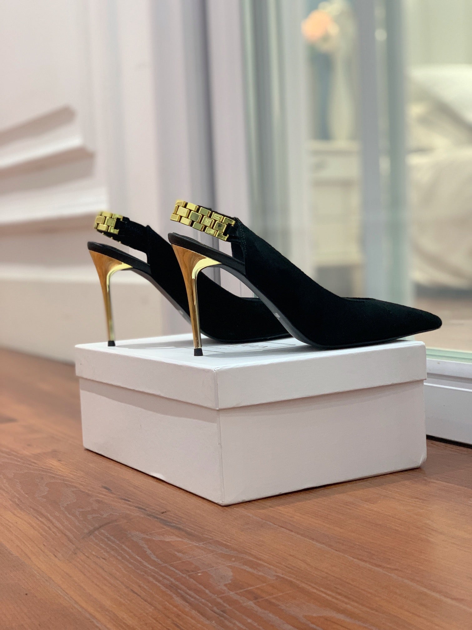 BALMAIN 26S SLINGBACK 95 MM IN BLACK SUEDE WITH GOLD HARDWARE