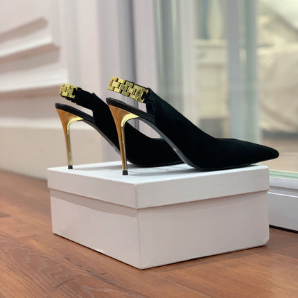 BALMAIN 26S SLINGBACK 95 MM IN BLACK SUEDE WITH GOLD HARDWARE