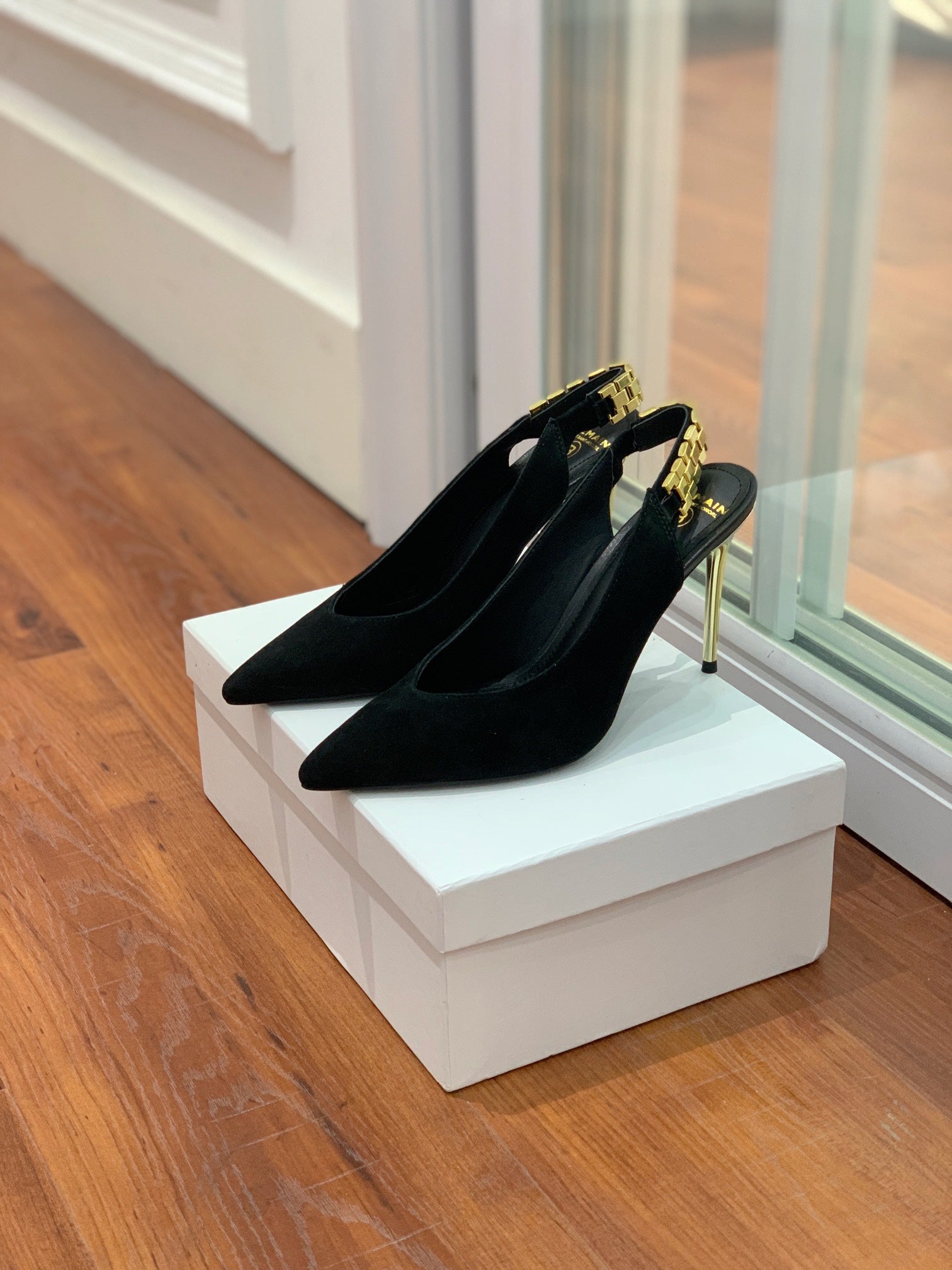 BALMAIN 26S SLINGBACK 95 MM IN BLACK SUEDE WITH GOLD HARDWARE