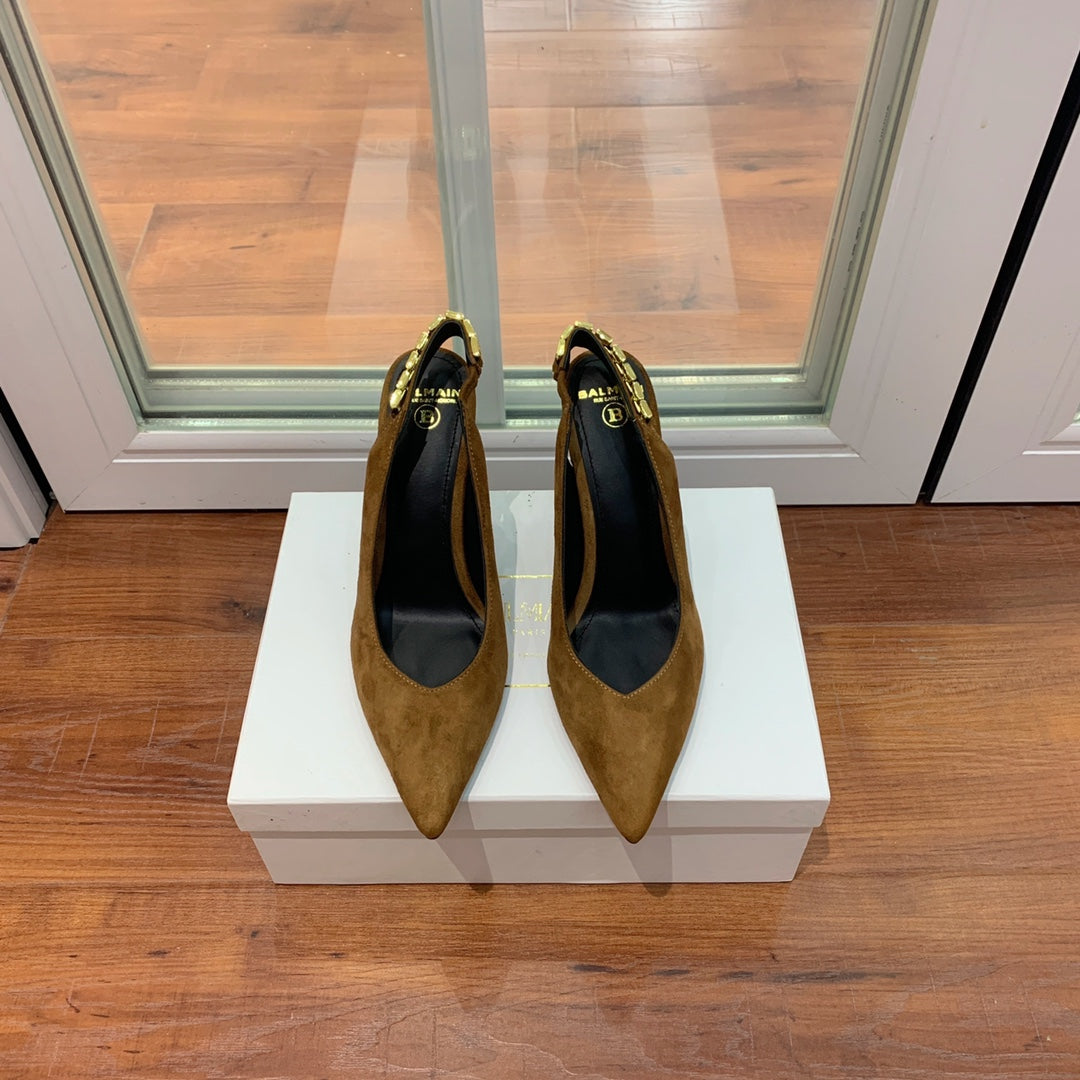 BALMAIN 26S SLINGBACK 95 MM IN BROWN SUEDE WITH GOLD HARDWARE