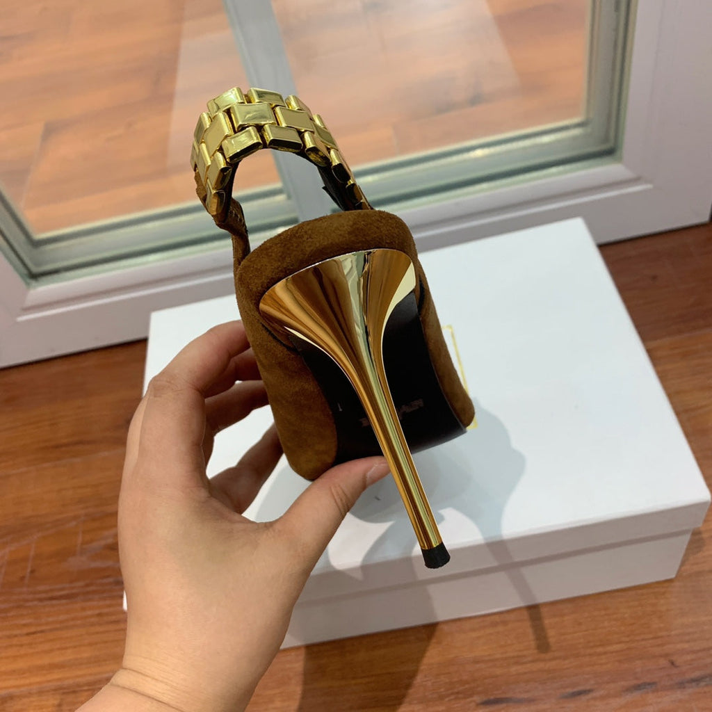 BALMAIN 26S SLINGBACK 95 MM IN BROWN SUEDE WITH GOLD HARDWARE