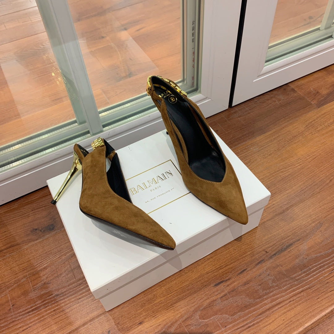 BALMAIN 26S SLINGBACK 95 MM IN BROWN SUEDE WITH GOLD HARDWARE