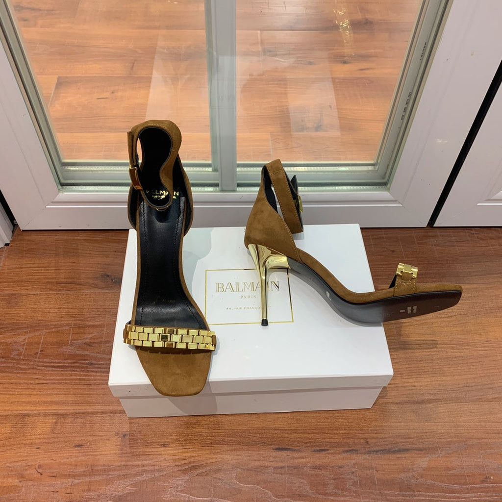 BALMAIN 25S METAL STRAP HIGH HEELS 95MM IN BROWN SUEDE GOLD HARDWARE