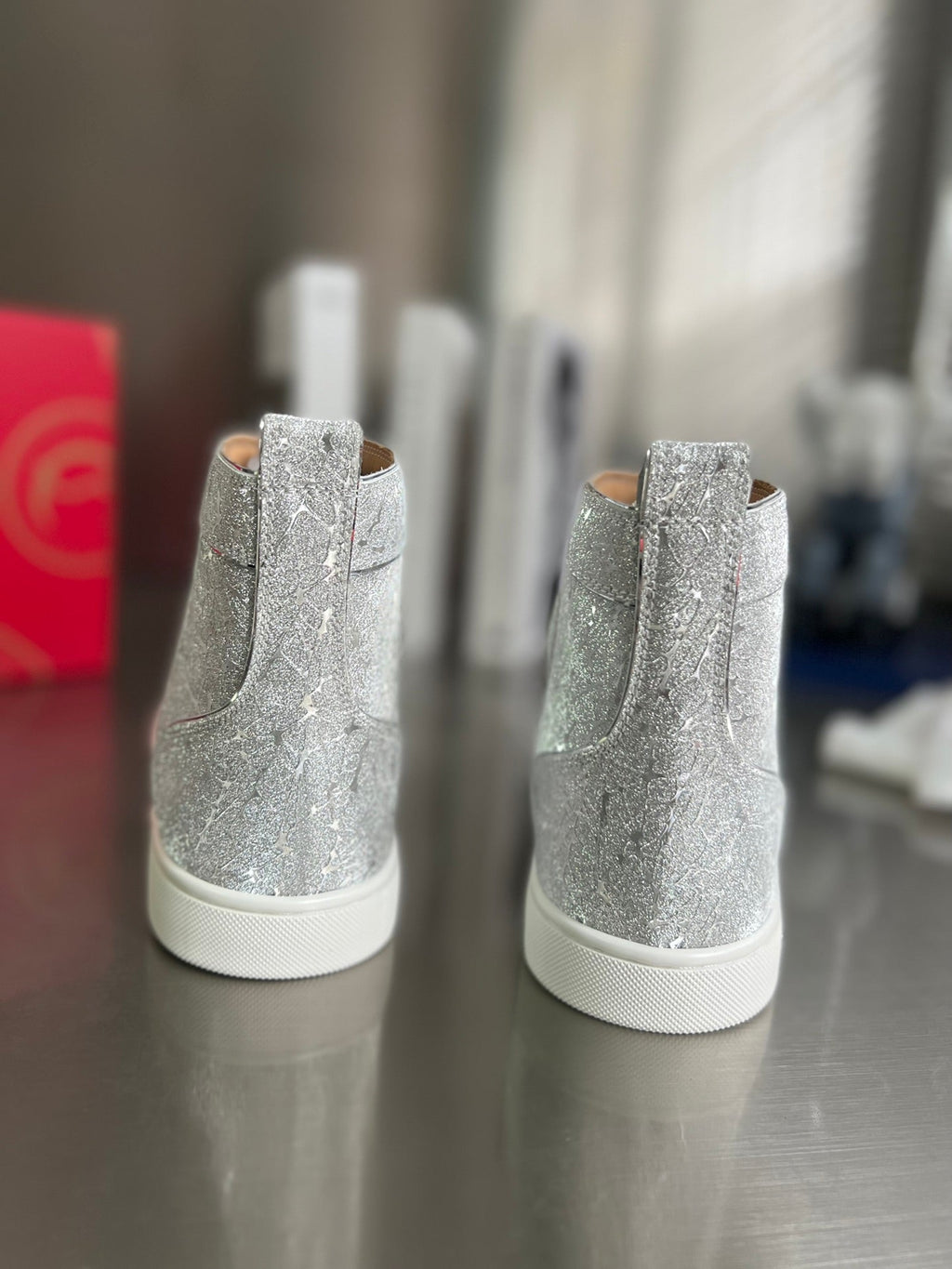 GLITTER LOU SPIKES STUDDED HIGH-TOP SNEAKERS IN SILVER-TONE CALFSKIN